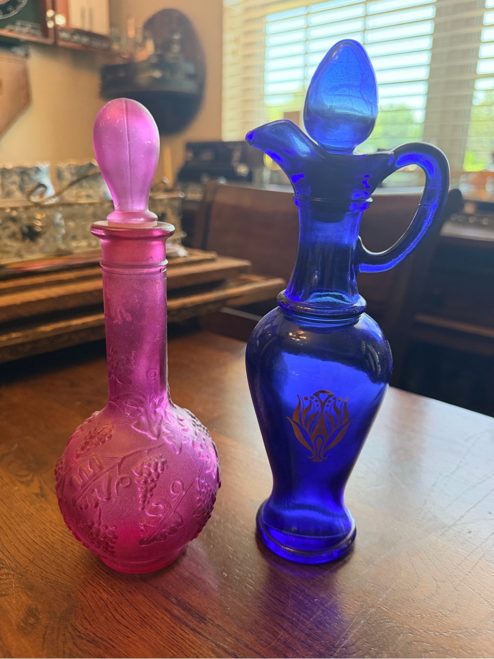 Vintage Cobalt Blue Glass Cruet & Frosted Pink Glass Perfume / Syrup Bottle Set